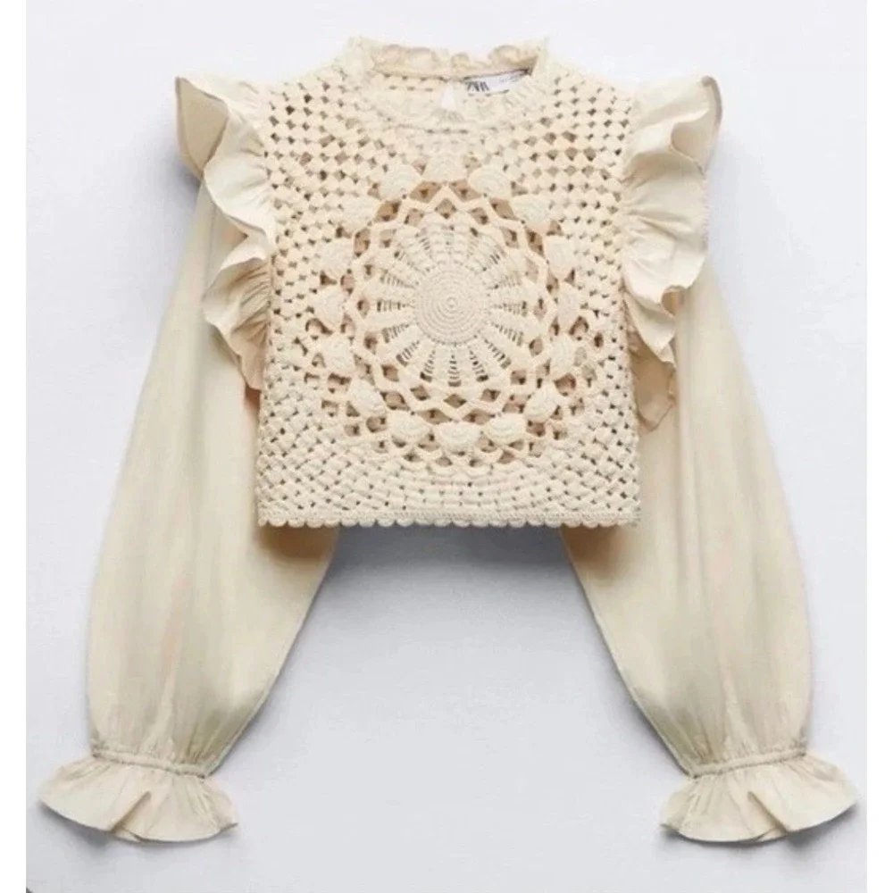 ZARA Crop Top Boho Prairie Crochet Ivory Cream Long‎ Sleeves Size Small